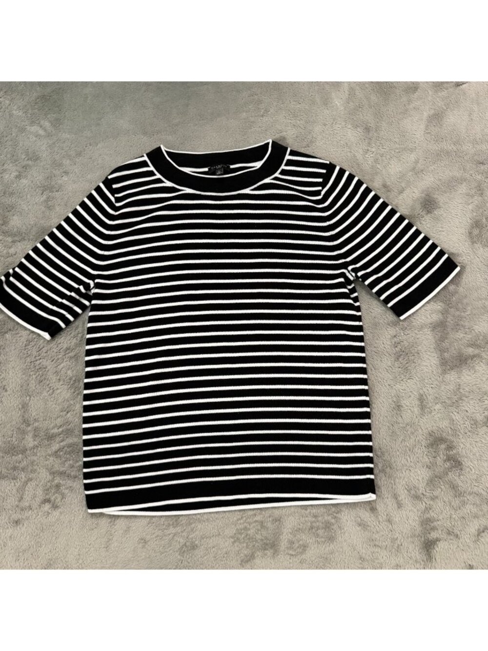 Talbots Black White Striped Short Sleeve Sweater Shirt Blouse Large Petite LP